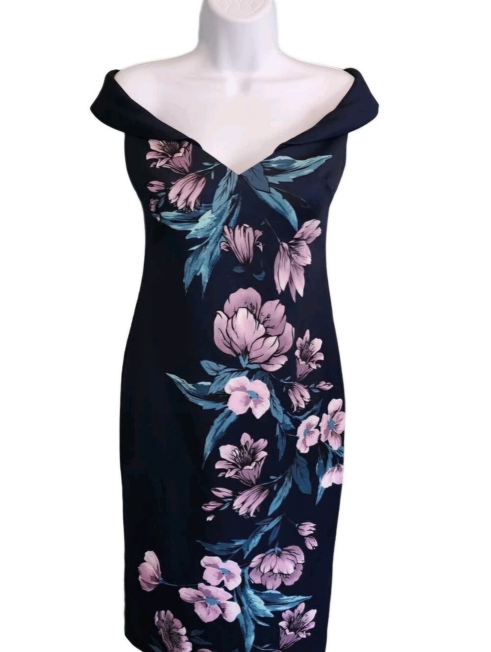 Xscape Size 6 Navy One-Shoulder Floral Sheath Dress with Pink & Blue Print